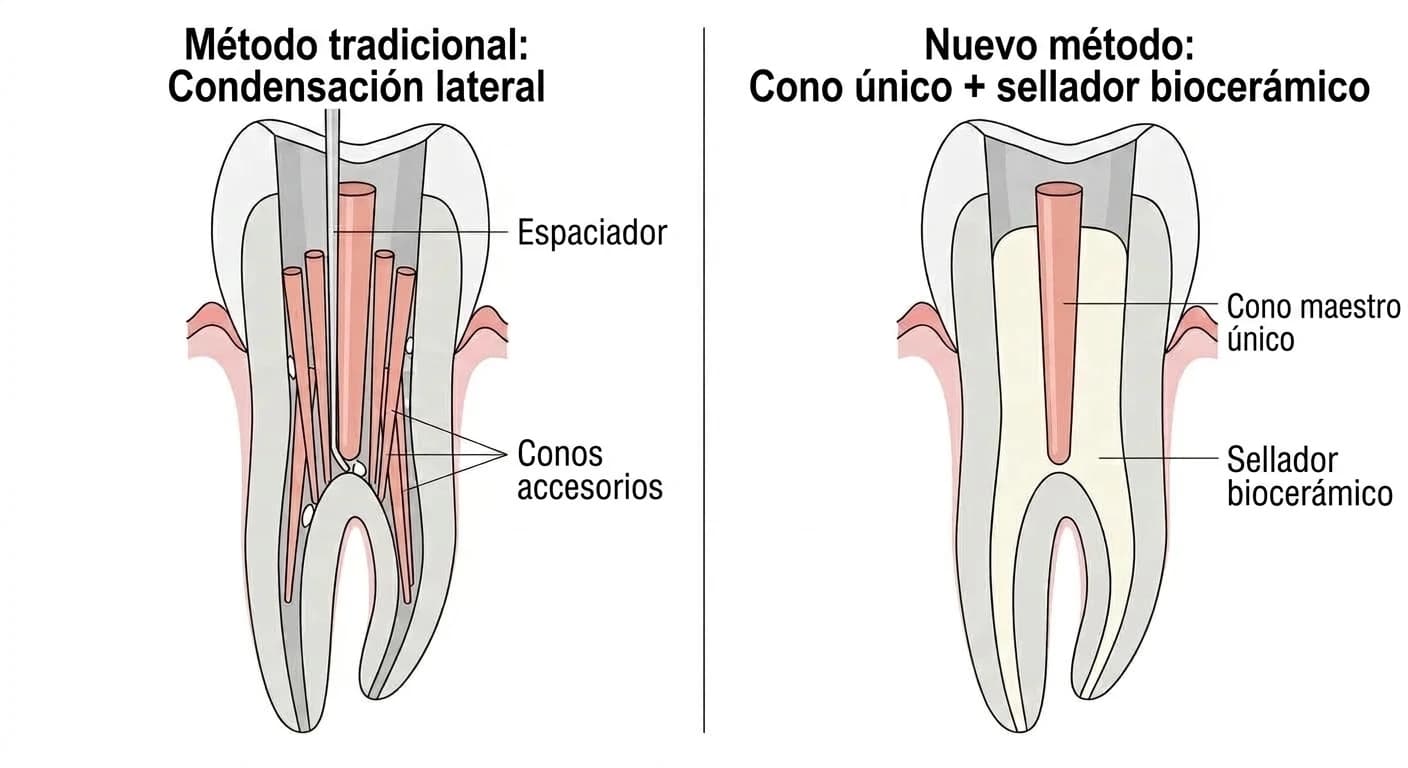 Comparación de dos métodos para obturar el conducto radicular. A la izquierda, la técnica tradicional de condensación lateral con varios conos accesorios compactados con un espaciador; a la derecha, el nuevo método que rellena los espacios con un solo cono y un sellador biocerámico fluido.