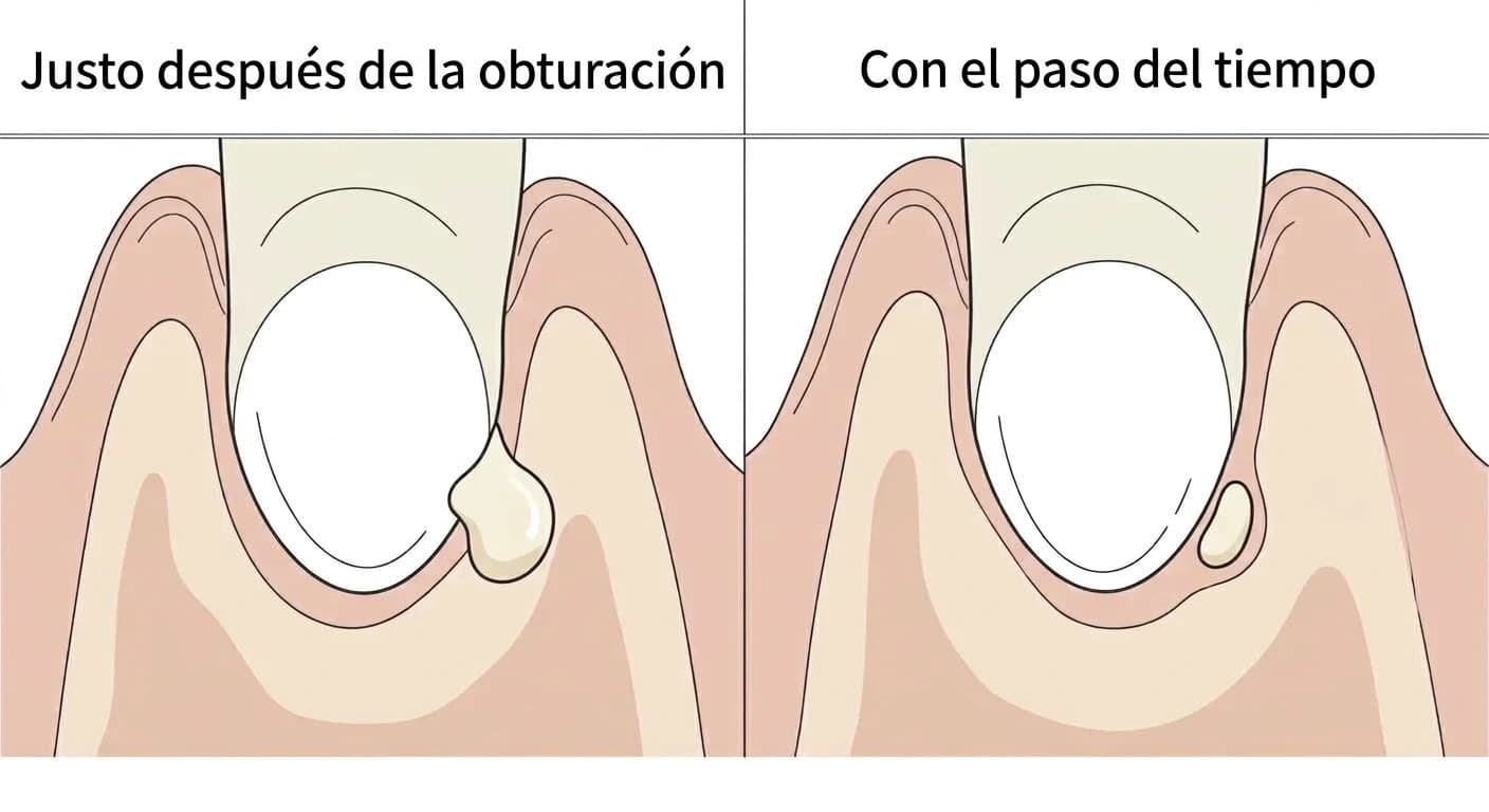 Esquema que muestra cómo el sellador biocerámico filtrado fuera del ápice radicular se reduce de tamaño con el paso del tiempo.