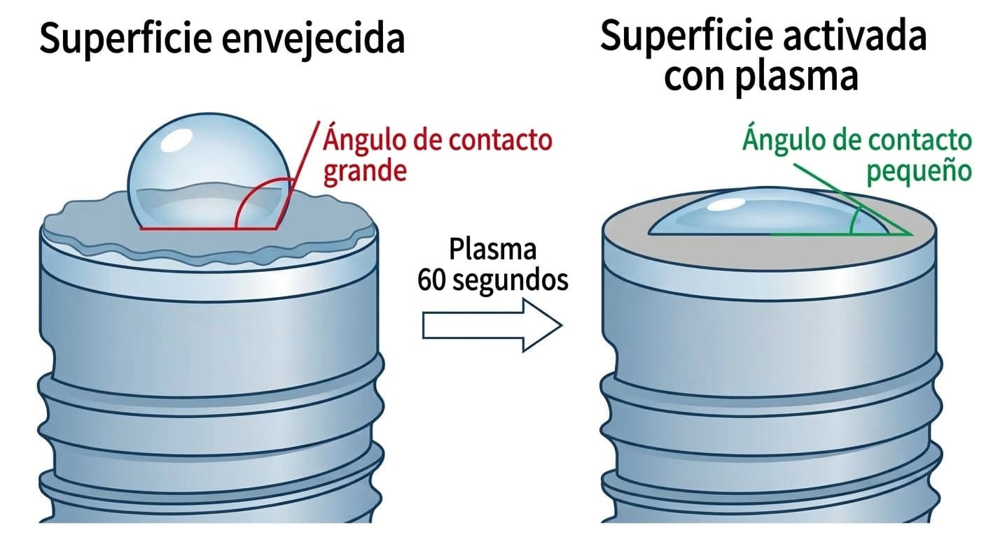 Ilustración que muestra cómo, al aplicar plasma frío durante 60 segundos sobre la superficie del implante, se reduce considerablemente el ángulo que forma una gota de agua. A la izquierda, la superficie envejecida por la acumulación de hidrocarburos, donde la gota forma una esfera; a la derecha, la superficie tras el tratamiento con plasma, donde la gota se extiende ampliamente.