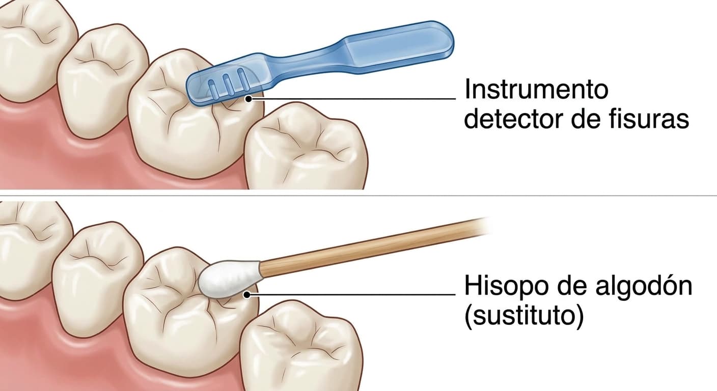 Ilustración que compara el instrumento detector de fisuras con un hisopo de algodón como sustituto para comprobar si hay fisuras en el diente