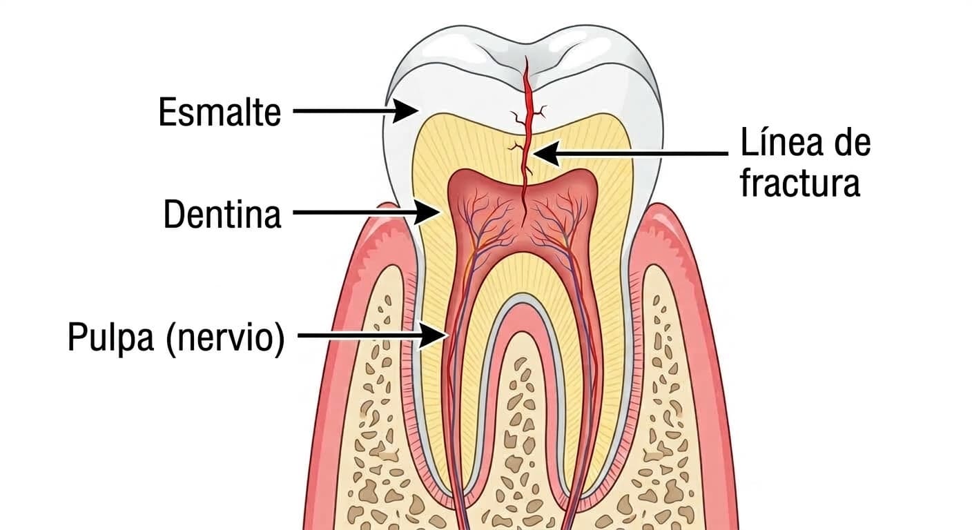 Ilustración de un corte transversal de un molar que muestra la línea de fractura desde la superficie masticatoria hasta el nervio