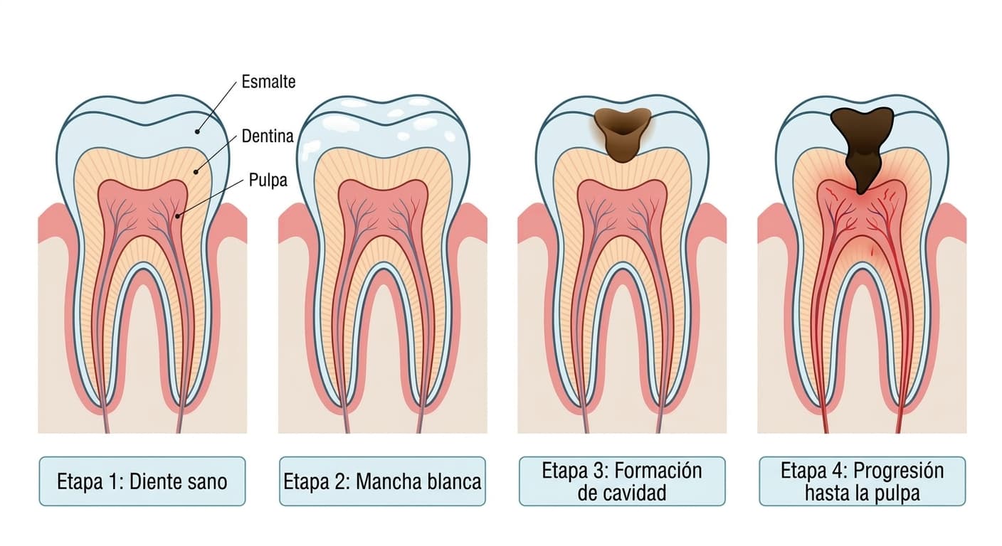 Etapas de progresión de la caries dental: corte transversal comparativo desde el diente sano hasta la mancha blanca, la formación de la cavidad y la progresión hasta la pulpa