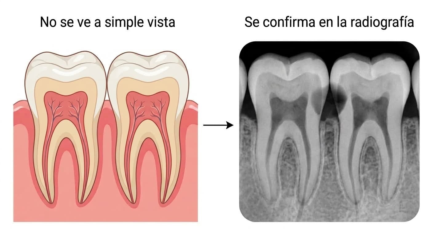 Comparación entre la caries interproximal, que no se ve a simple vista, y su aspecto oscuro en la radiografía