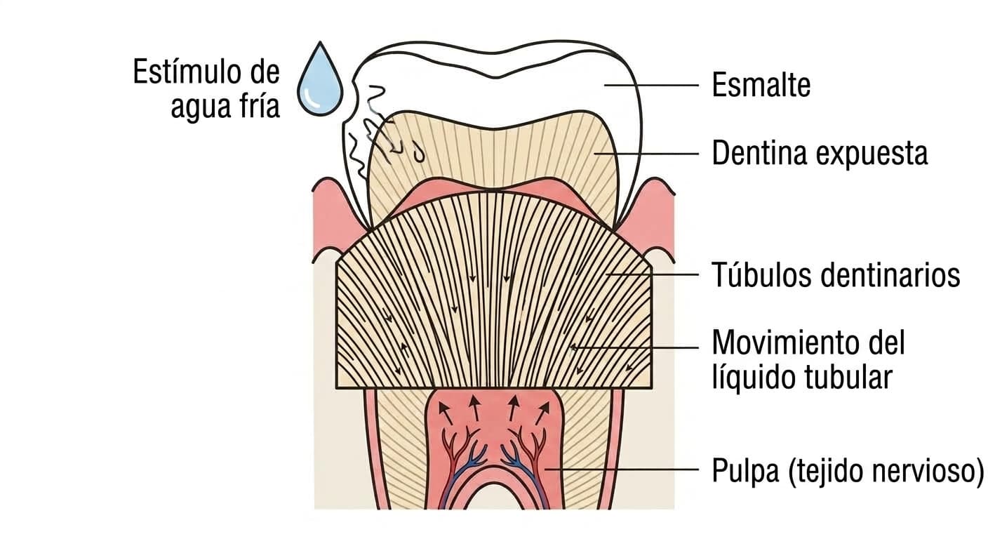 Mecanismo del dolor en la hipersensibilidad dentinaria. Cuando el estímulo de agua fría llega a la superficie de dentina expuesta, el líquido dentro de los túbulos dentinarios se mueve, y ese movimiento estimula el nervio de la pulpa y se transmite como señal de dolor