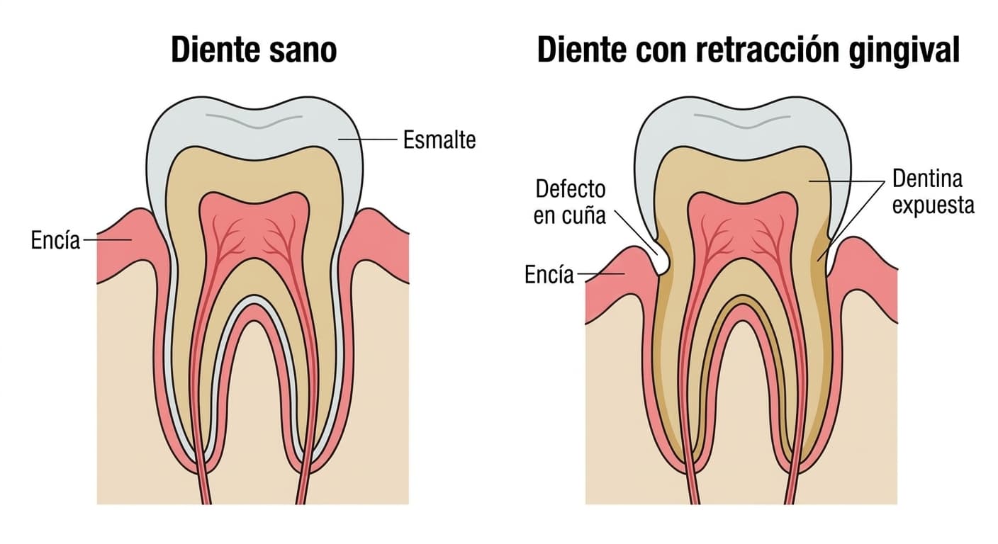 Comparación en corte transversal entre un diente sano y un diente con retracción gingival. En el diente sano, la encía cubre el cuello del diente, pero en el diente con retracción gingival queda expuesta la dentina de la raíz y puede aparecer un defecto en cuña en el límite con la encía