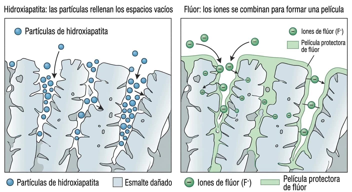 Ilustración que compara, una junto a la otra, la manera en que las partículas de hidroxiapatita rellenan directamente los poros microscópicos del esmalte y la manera en que los iones de flúor se combinan para formar una película protectora