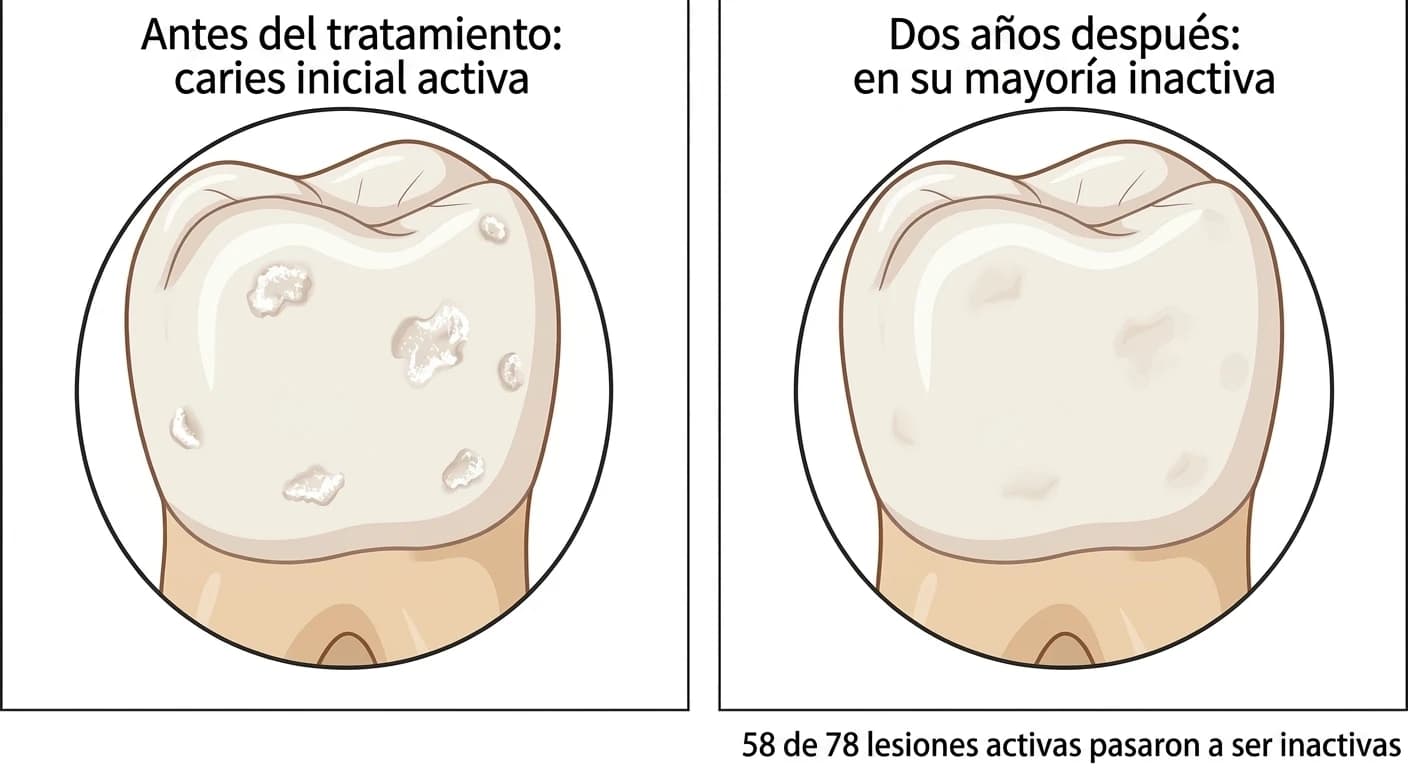 Ilustración que compara el mismo diente antes del tratamiento, con varias manchas blancas por caries inicial activa, y dos años después, cuando la mayoría de las manchas se aclararon