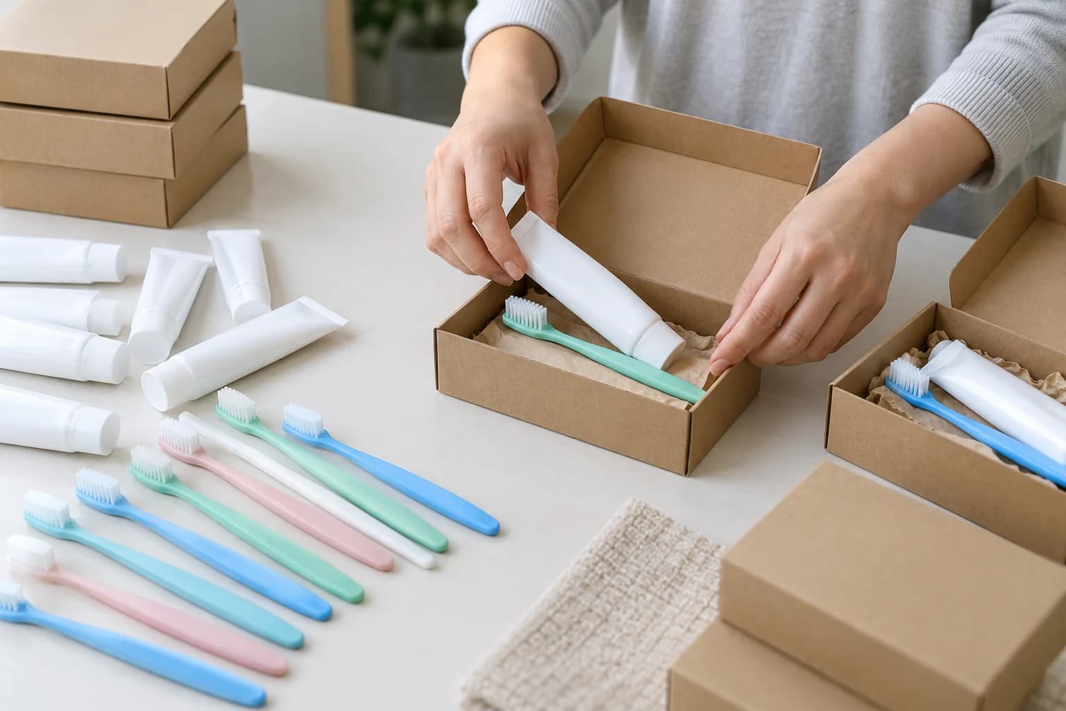 Manos que colocan cepillos de dientes y tubos de dentífrico sin etiquetas en cajas de cartón