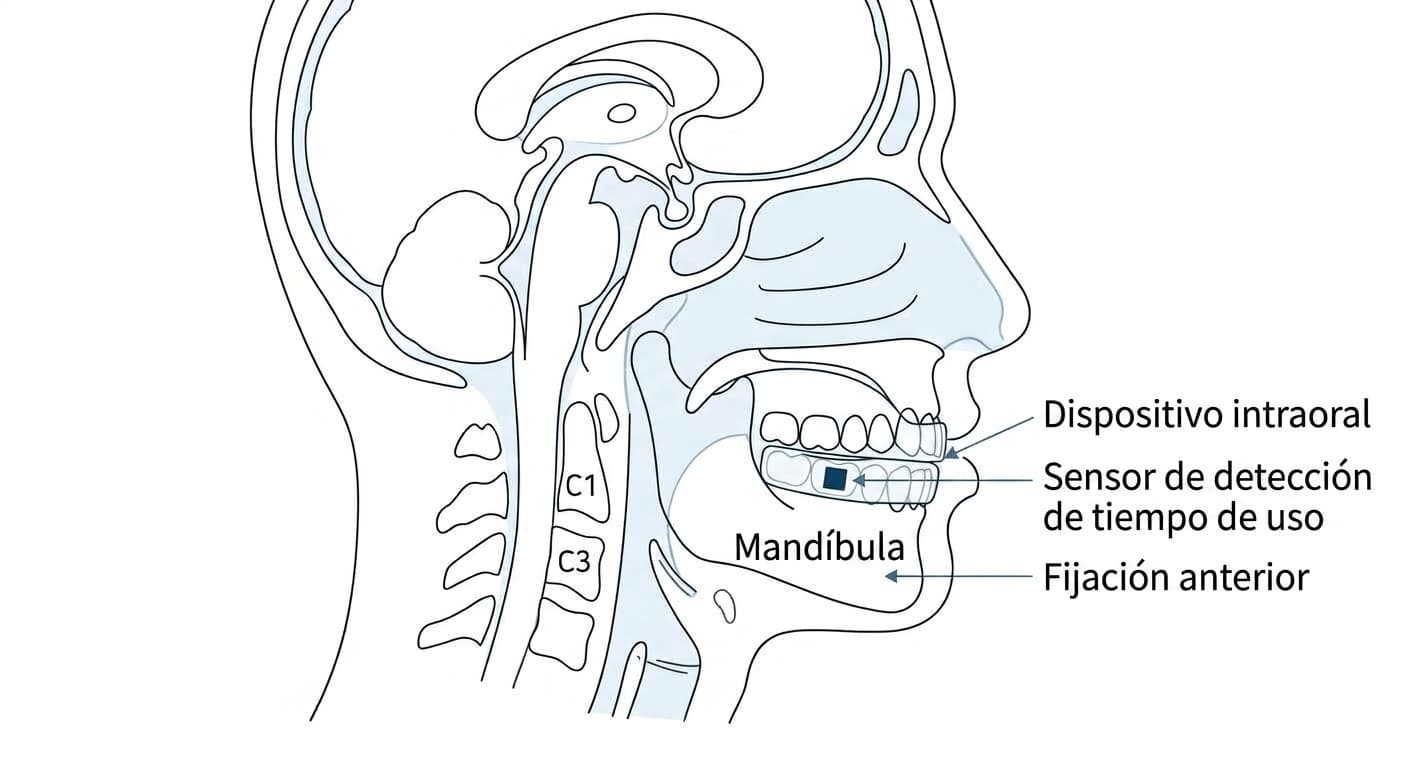 Diagrama en vista lateral de la estructura del dispositivo de avance mandibular. El dispositivo se coloca entre la mandíbula superior e inferior, incorpora en su interior un sensor que mide el tiempo de uso y fija la mandíbula inferior hacia adelante.