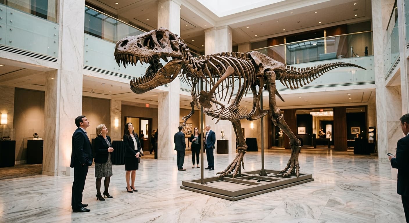Visitantes vestidos de traje observando desde abajo el esqueleto fósil de un dinosaurio carnívoro expuesto en un vestíbulo de mármol