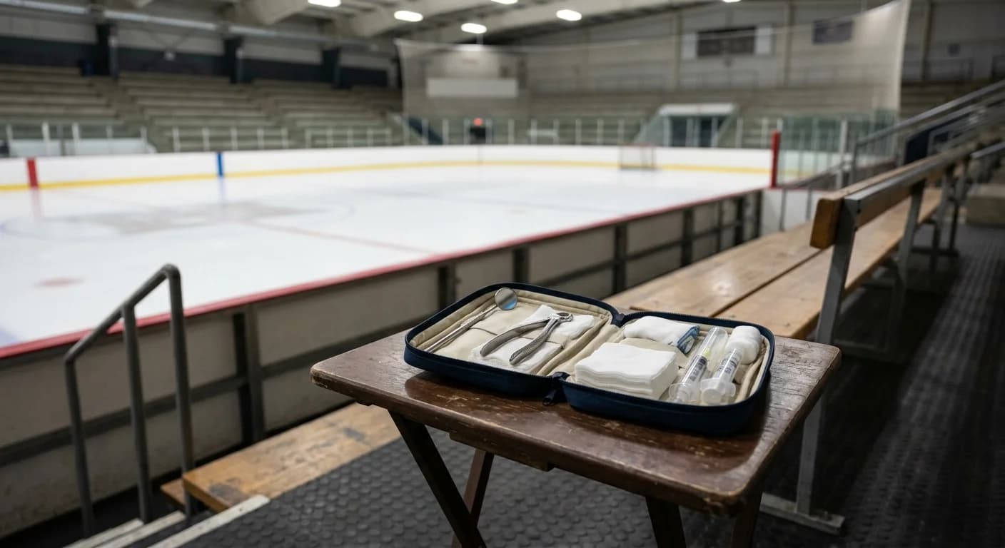 Un maletín de dentista abierto sobre una mesa junto al banquillo de una pista de hockey, con un espejo, unas pinzas, gasas y una jeringa de anestesia