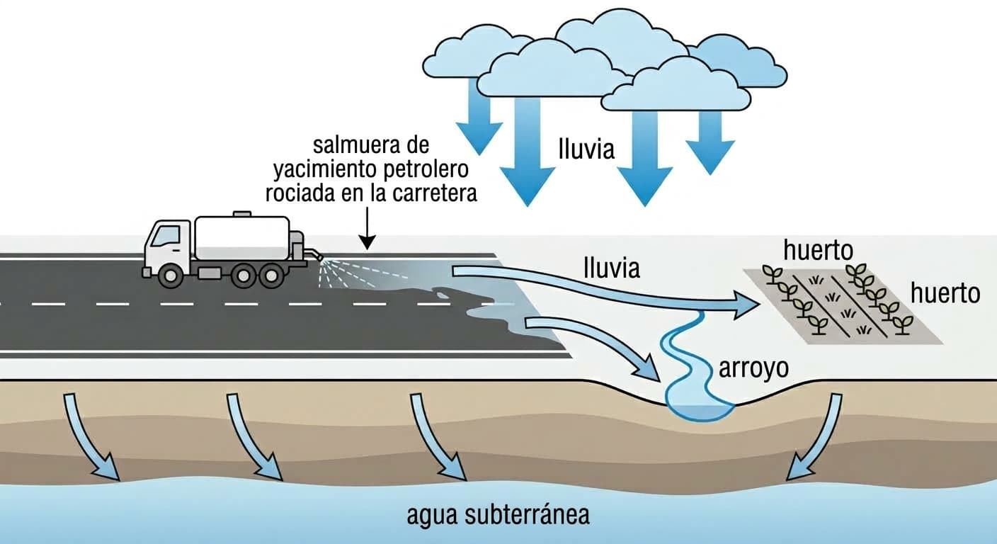Diagrama conceptual de un camión cisterna rociando salmuera de yacimiento petrolero en la carretera, y de cómo la lluvia la arrastra hacia huertos, arroyos y aguas subterráneas