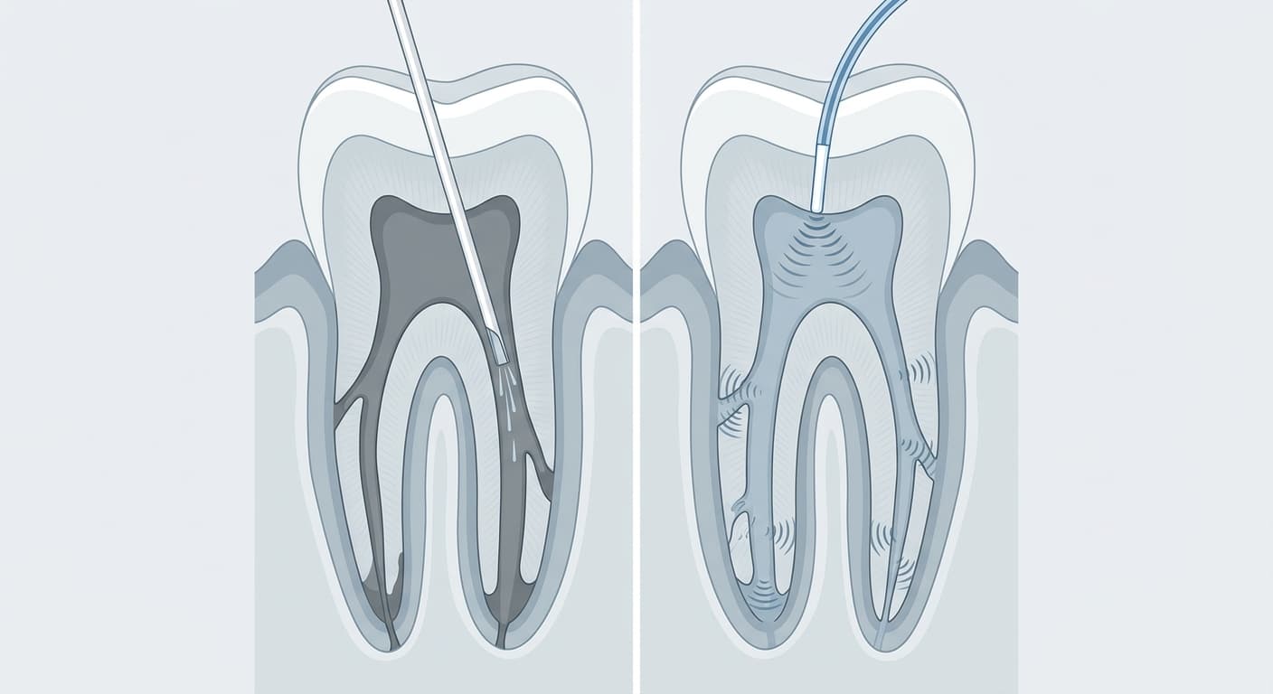 Ilustración de un corte transversal de la raíz dental: a la izquierda, la aguja penetra hasta el fondo del conducto y solo limpia el centro, dejando intactas las ramificaciones laterales; a la derecha, la punta del láser permanece en la entrada mientras las ondas de choque se propagan por todo el conducto y sus ramificaciones laterales