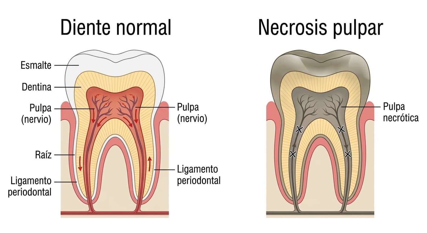 Comparación de cortes transversales de un diente normal y un diente con necrosis pulpar. En el diente normal la sangre fluye por la pulpa, pero en el diente con necrosis pulpar la circulación se ha interrumpido y la pulpa está muerta y de color gris