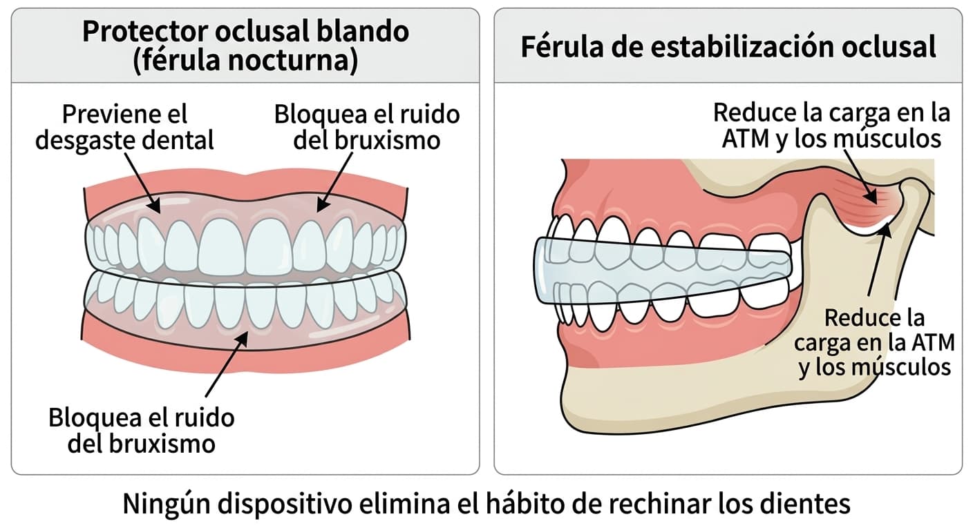 Ilustración que compara el protector oclusal blando y la férula de estabilización oclusal, mostrando sus objetivos diferentes: reducir el desgaste dental y el ruido, y disminuir la carga en la articulación temporomandibular y los músculos, respectivamente