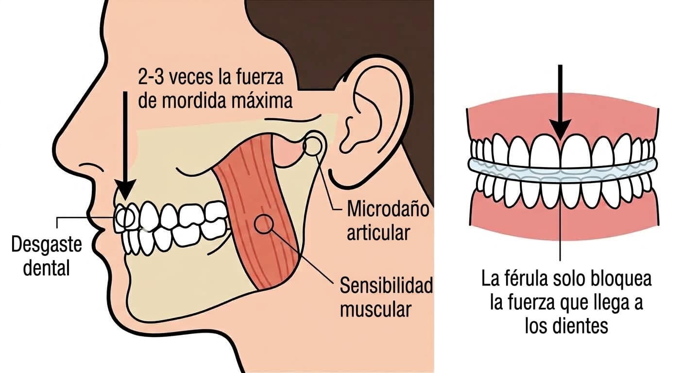 Ilustración conceptual que muestra cómo la fuerza del rechinar, de hasta 2 a 3 veces la fuerza de mordida máxima, puede provocar desgaste dental, sensibilidad muscular y microdaño en la articulación temporomandibular, y que la férula solo bloquea la fuerza que llega a los dientes