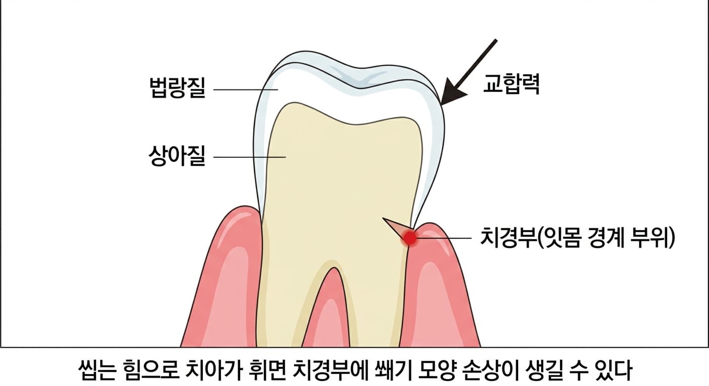 Imagen que muestra el proceso en que la fuerza masticatoria se aplica de forma oblicua, el diente se flexiona ligeramente y se produce una lesión en forma de cuña en el cuello dental, la zona donde el diente se une con la encía