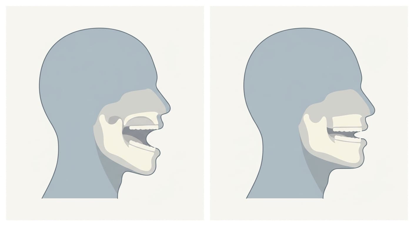 Dibujo que compara, lado a lado, un perfil de cabeza con la boca muy abierta y otro con la boca apenas abierta