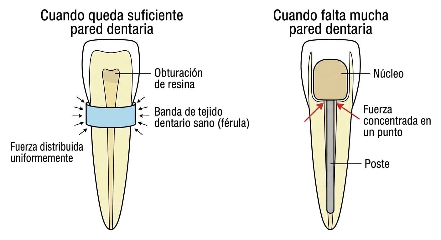 Corte transversal que compara cómo se distribuye la fuerza en un incisivo tratado con endodoncia según quede suficiente pared dentaria o falte mucha pared