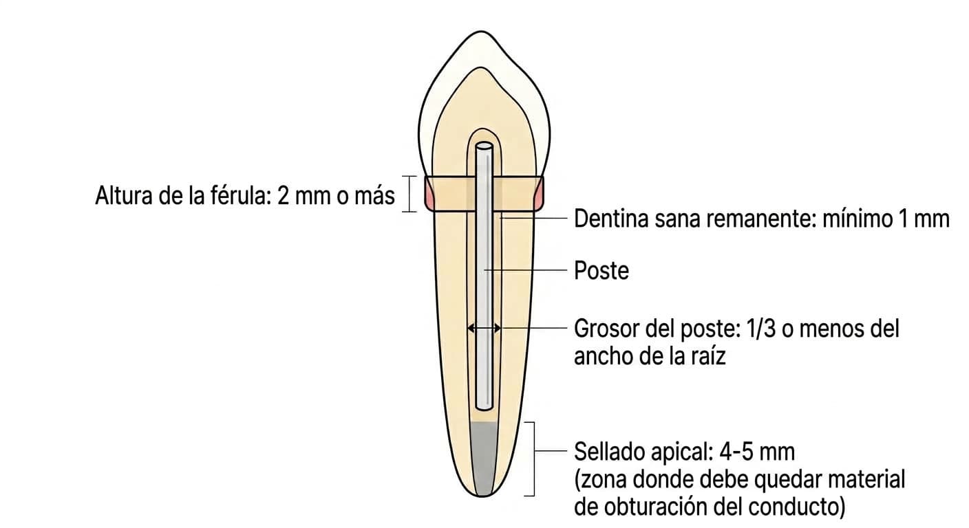 Corte transversal que muestra las dimensiones mínimas que deben respetarse al colocar un poste en un incisivo tratado con endodoncia