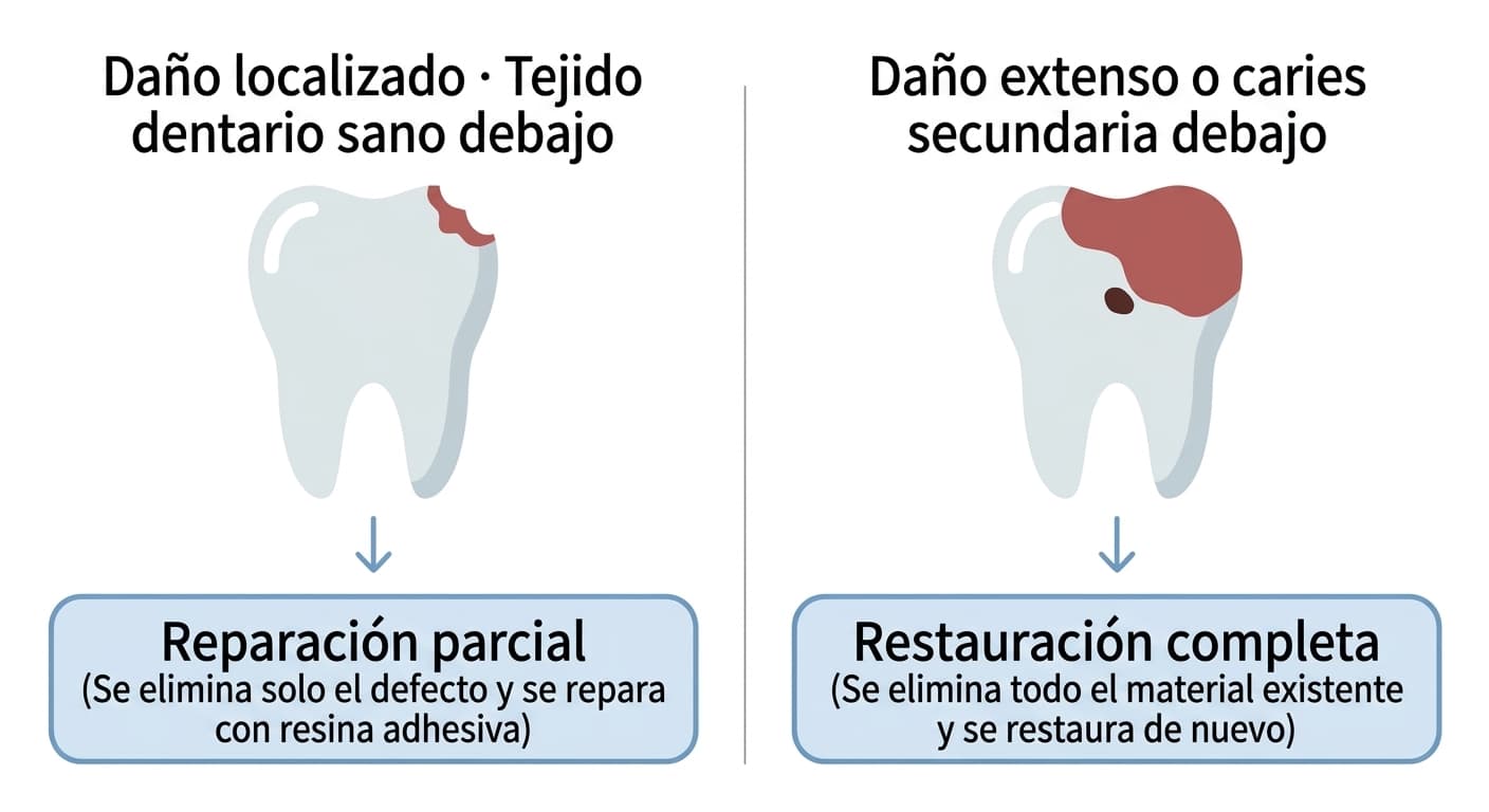 Comparación entre la reparación parcial, en la que se elimina solo el defecto y se repara con resina adhesiva cuando el daño es localizado y el tejido dentario de debajo está sano, y la restauración completa, en la que se elimina todo el material existente y se restaura de nuevo cuando el daño es extenso o hay caries secundaria debajo
