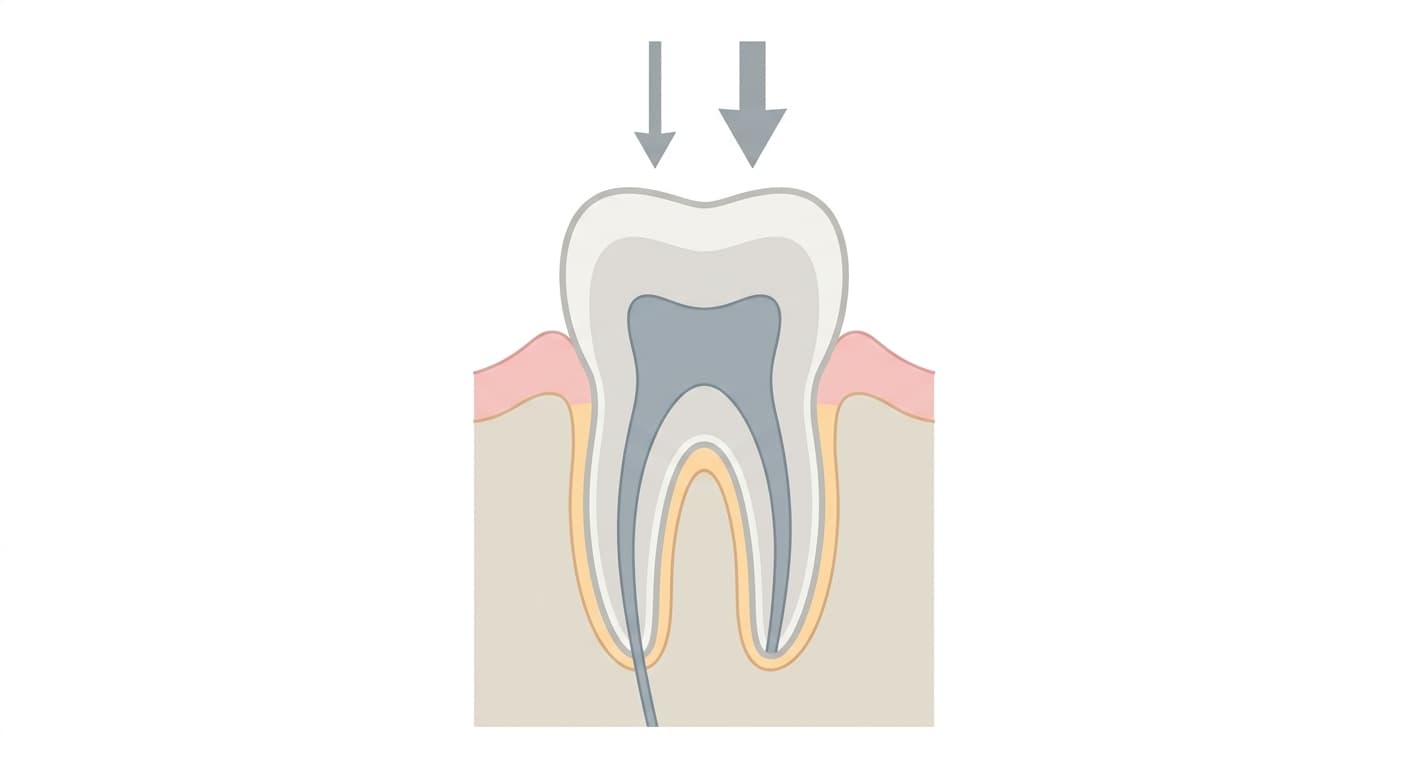 Ilustración de un corte transversal del diente que distingue por color el conducto radicular interior y la fina capa de ligamento que envuelve la superficie de la raíz, con flechas desde arriba que representan el estímulo de golpear y masticar