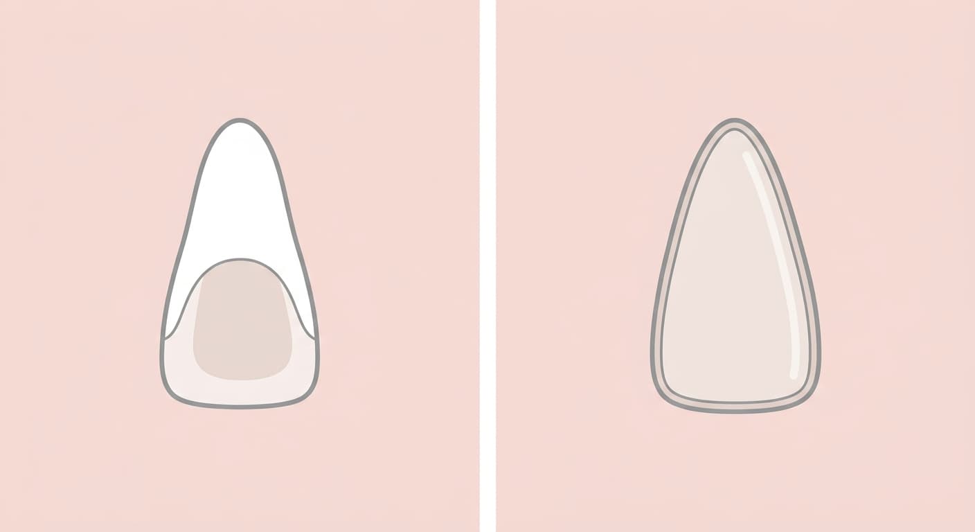 Ilustración que compara, lado a lado, un diente con un pequeño fragmento de material añadido solo en la parte inferior y un diente cubierto de extremo a extremo por una lámina fina en toda la cara frontal