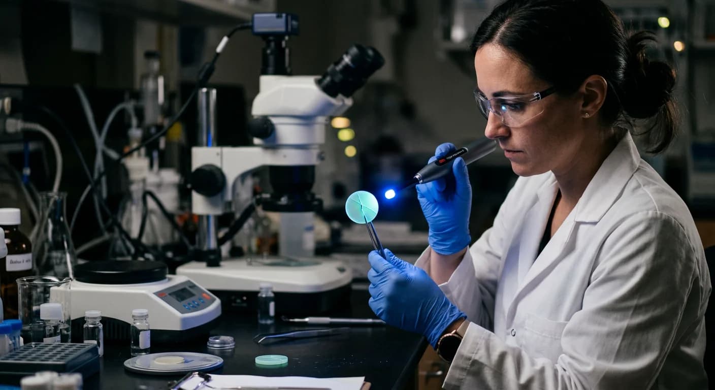 Un investigador sostiene con pinzas una muestra redonda de resina que brilla en azul a lo largo de una grieta, bajo luz ultravioleta en un laboratorio
