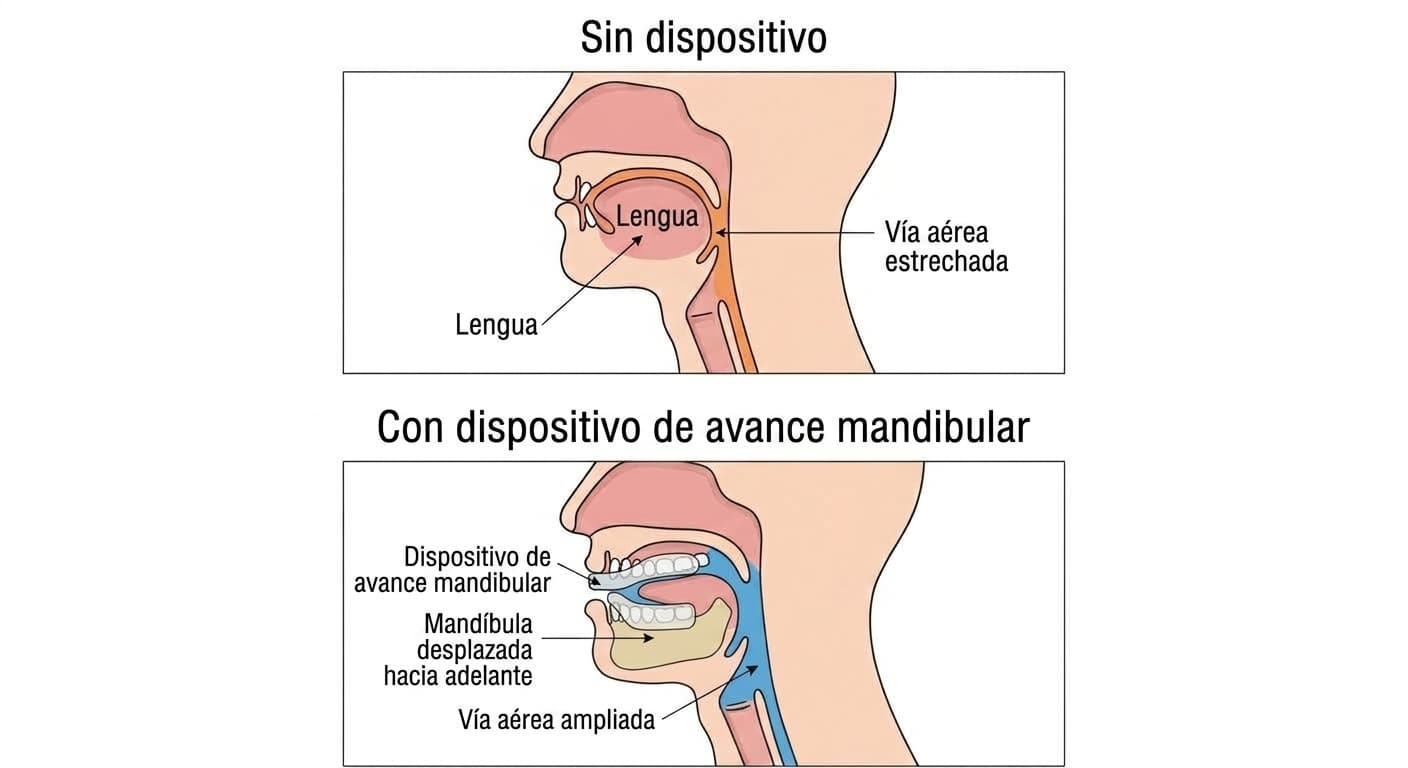 Comparación en vista lateral del corte transversal de la vía aérea sin dispositivo y con el dispositivo de avance mandibular puesto. Al usar el dispositivo, la mandíbula y la lengua se desplazan hacia adelante y la vía aérea se amplía.