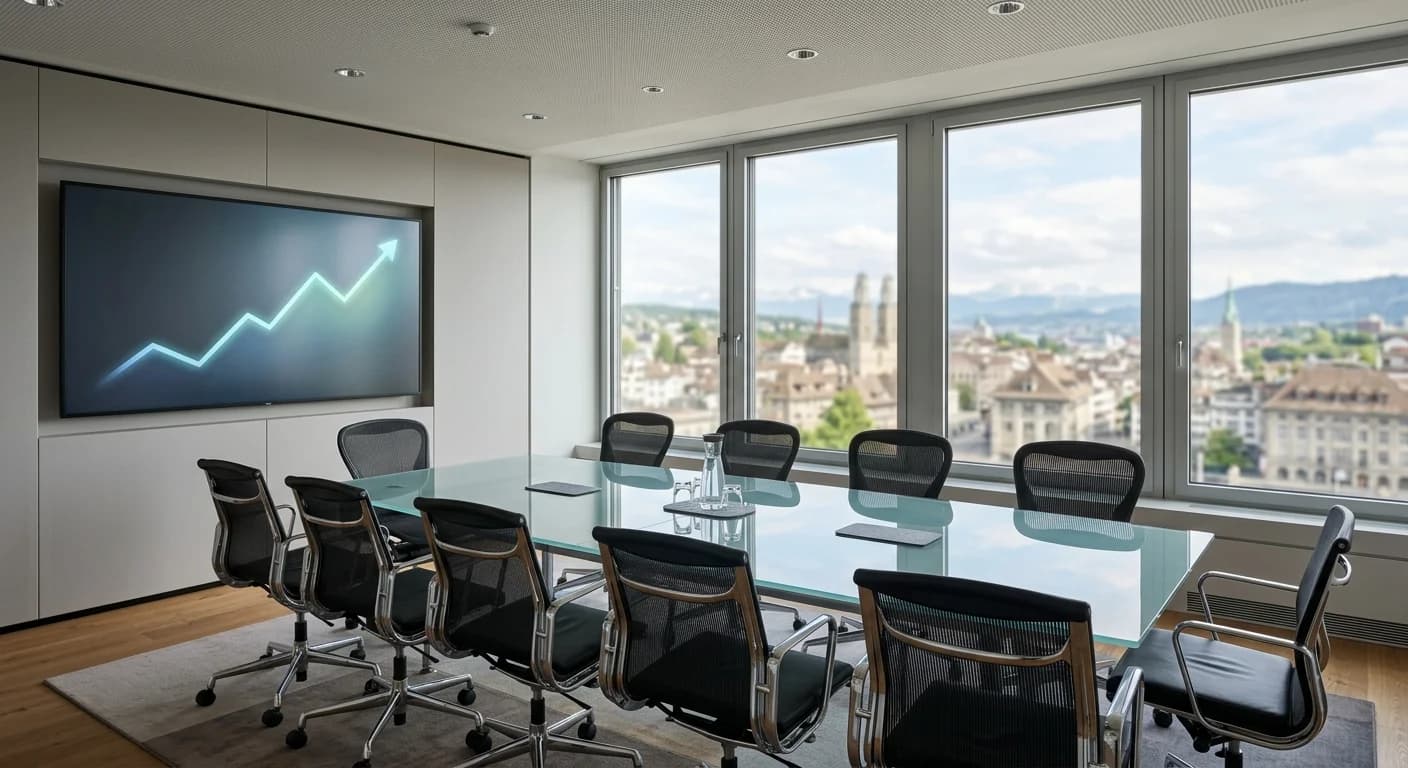 Una pantalla de sala de reuniones vacía con un gráfico de crecimiento