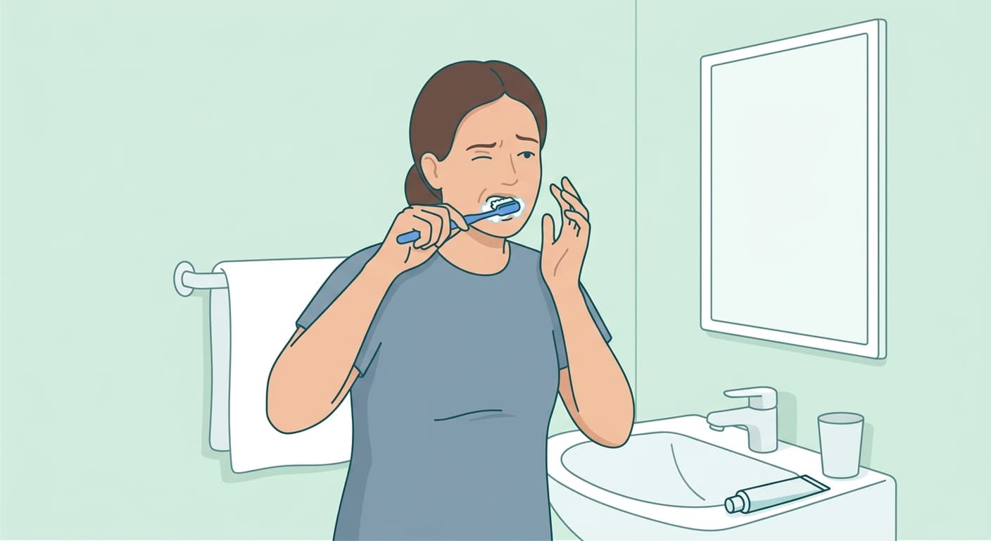 Una persona que se lleva la mano a la mejilla por una sensación de sensibilidad mientras se cepilla los dientes. Representa que los dientes pueden sentirse sensibles momentáneamente durante el cepillado