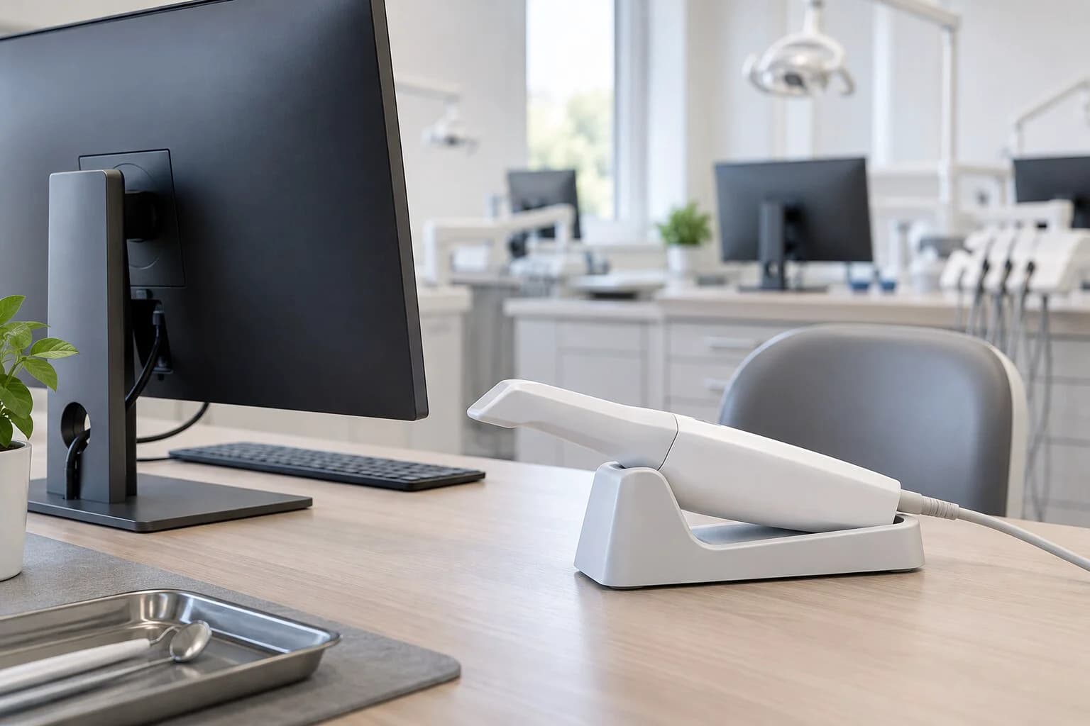 Un scanner intra-oral blanc sur son support posé sur un bureau, à côté d’un moniteur vu de dos