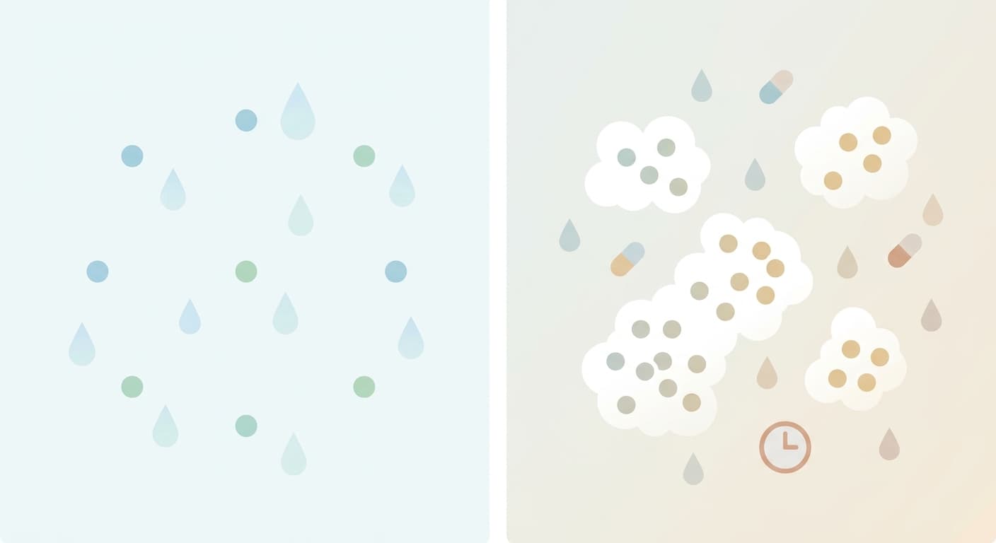 Illustration comparant un état avec de petits points et des gouttes d'eau dispersés de façon régulière, et un état où les points forment des amas, les gouttes diminuent, avec des formes de capsules et d'horloge