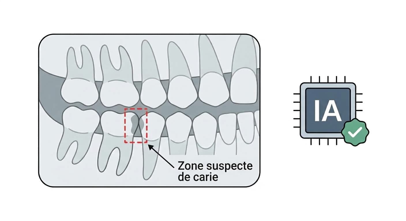 Illustration : l'IA signale une zone suspecte de carie sur une radiographie dentaire