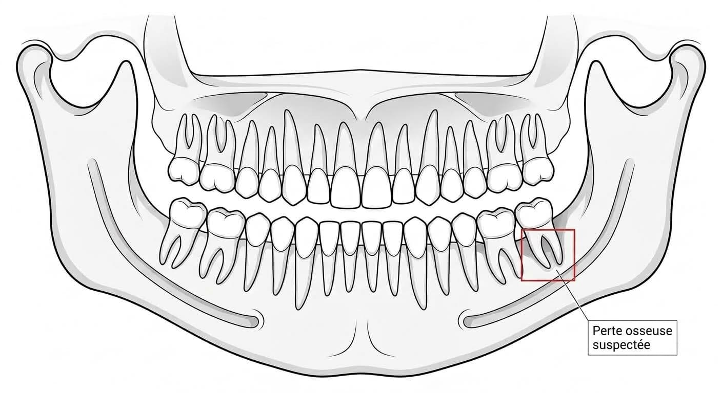 Schéma d'une radiographie panoramique où l'IA délimite par un rectangle une zone suspectée de perte osseuse