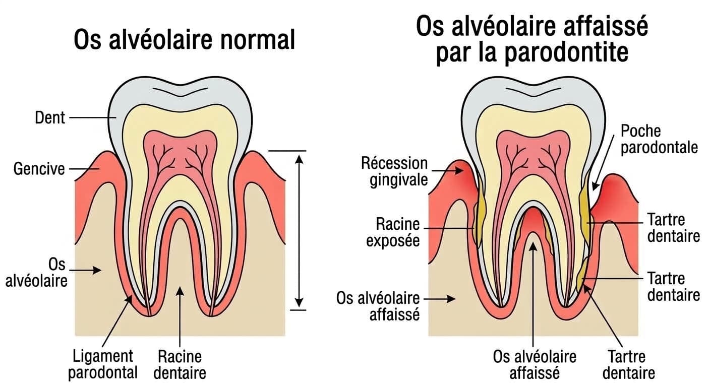 Coupe transversale d'une dent comparant l'os alvéolaire normal et l'os alvéolaire résorbé par la parodontite