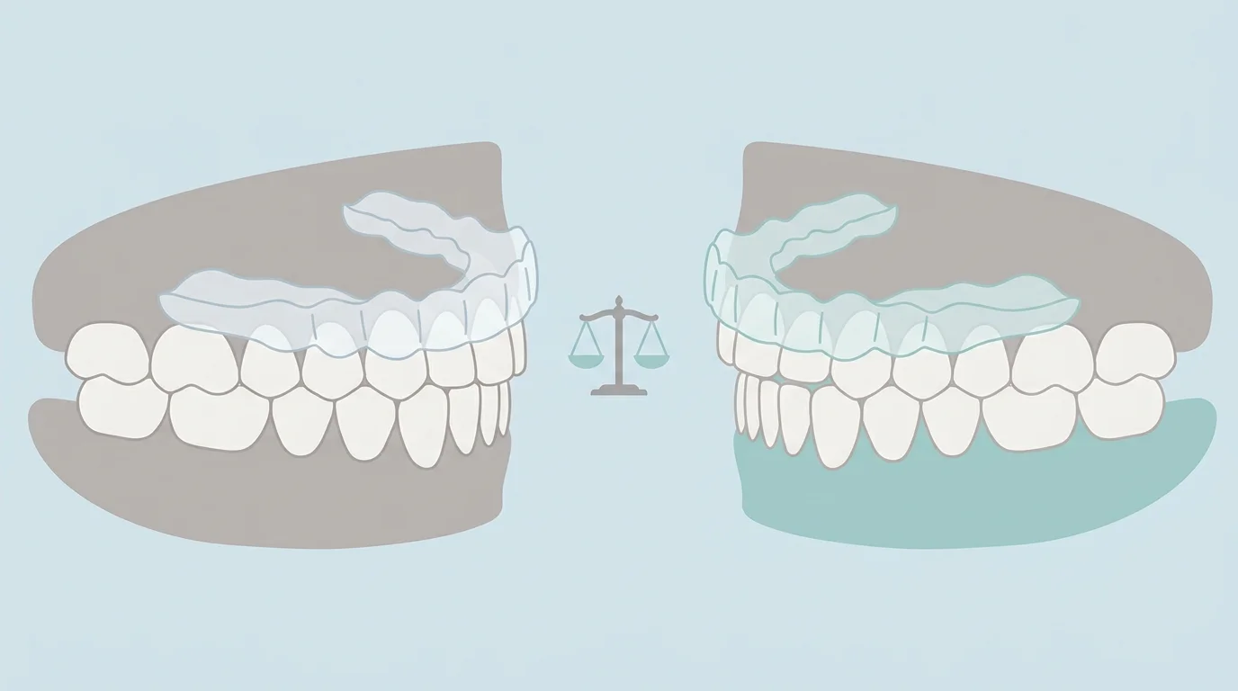 Illustration de deux paires de modèles de dents supérieures et inférieures portant des gouttières transparentes, face à face, avec une icône de balance entre elles