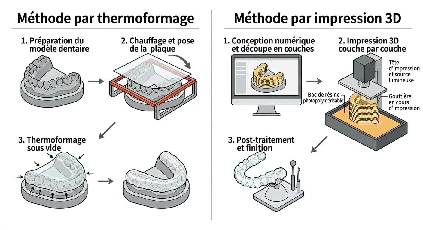 Illustration montrant en trois étapes la méthode de thermoformage (pressage d'une plaque sur un modèle dentaire) et la méthode d'impression 3D (superposition de couches de résine)