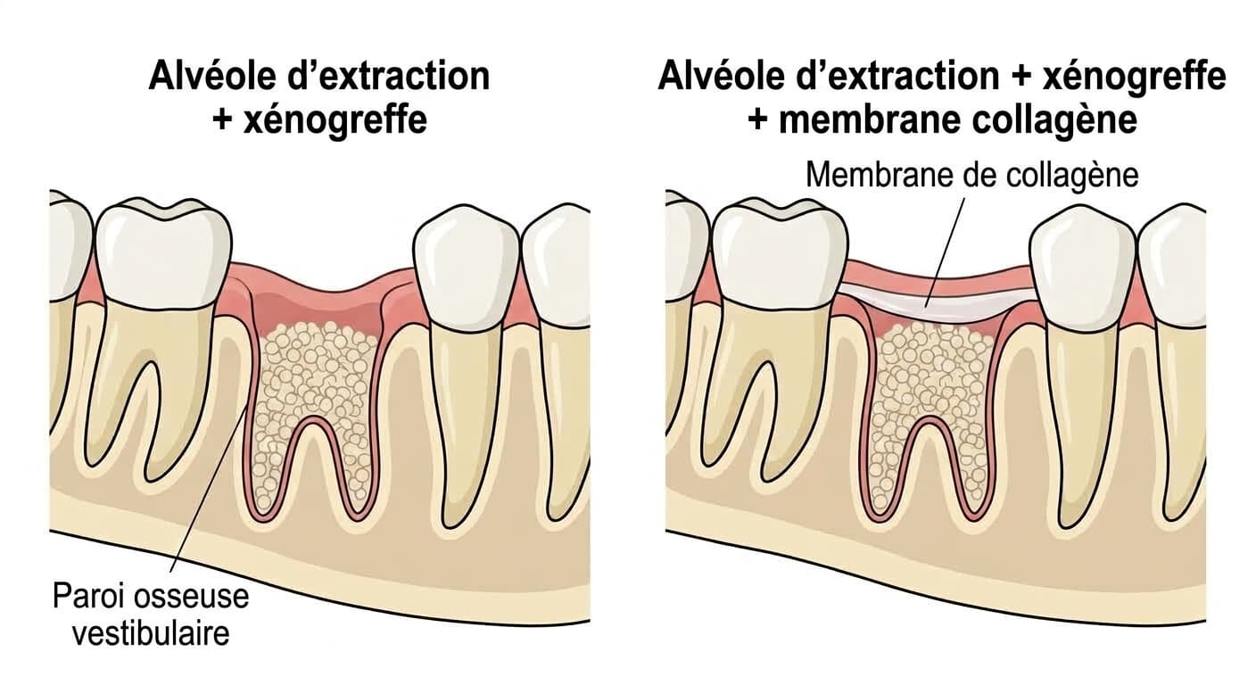 Coupe transversale d'une alvéole d'extraction montrant côte à côte le cas d'une xénogreffe seule et celui d'une xénogreffe recouverte d'une membrane de collagène