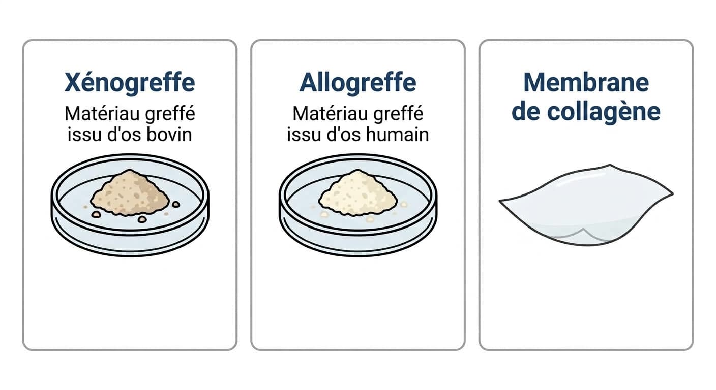 Illustration présentant côte à côte des particules de xénogreffe issues d'os bovin, des particules d'allogreffe issues d'os humain et une membrane de collagène, montrant le rôle de chaque matériau