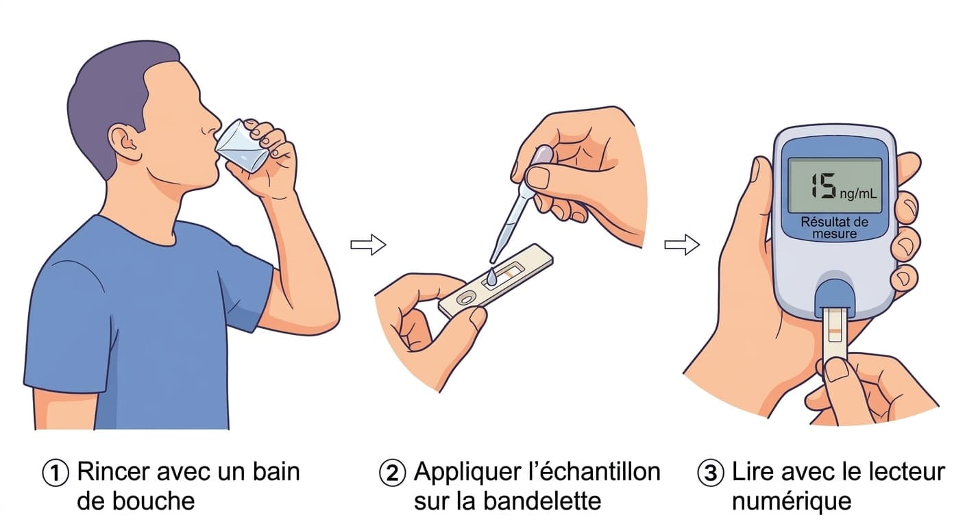 Processus de test en trois étapes : se rincer la bouche avec un bain de bouche, appliquer l'échantillon sur la bandelette de test, puis lire la concentration avec un lecteur numérique