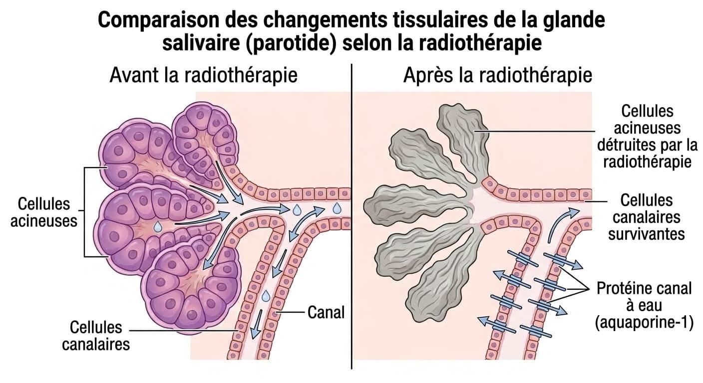 Illustration comparant, d'une part, les changements où la radiothérapie détruit les cellules acineuses en ne laissant que les cellules canalaires, et d'autre part, le principe consistant à insérer une protéine formant un canal à eau dans les cellules canalaires pour produire de la salive