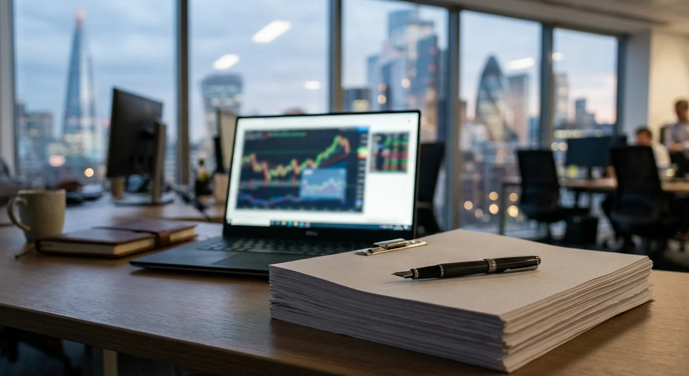 Bureau avec des documents de dette et un graphique boursier