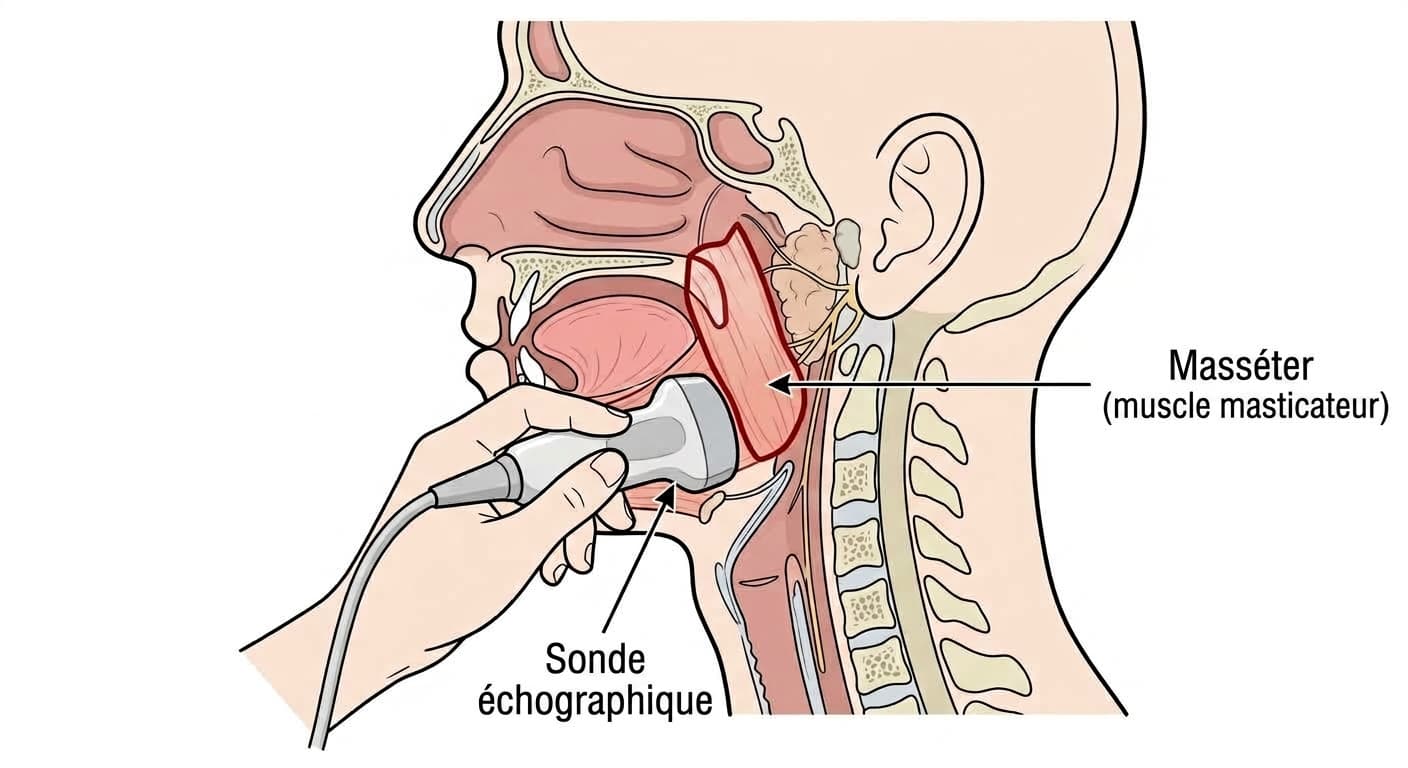 Schéma anatomique montrant la position du masséter et la zone où la sonde échographique mesure son épaisseur