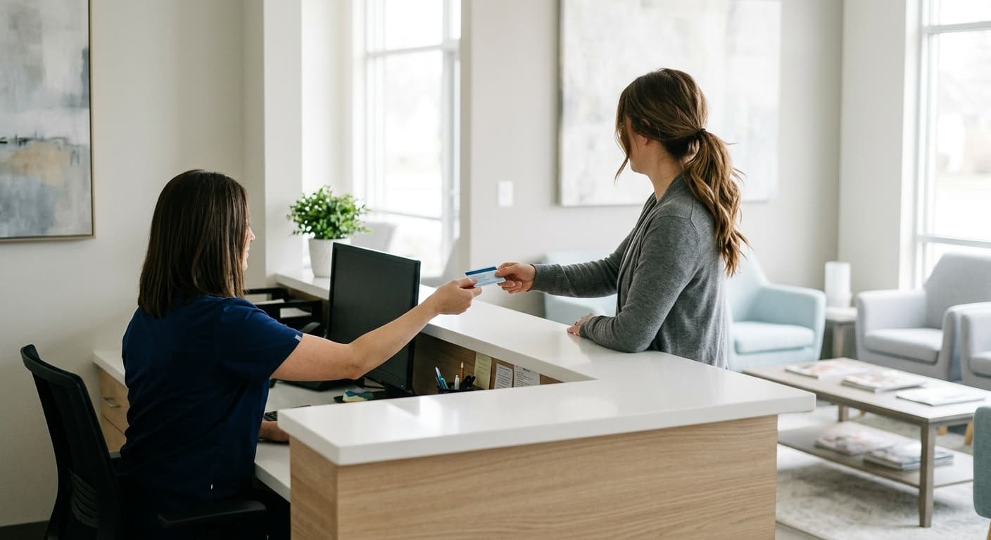 Une employée et une patiente échangeant une carte d'assurance au comptoir d'accueil d'un cabinet dentaire