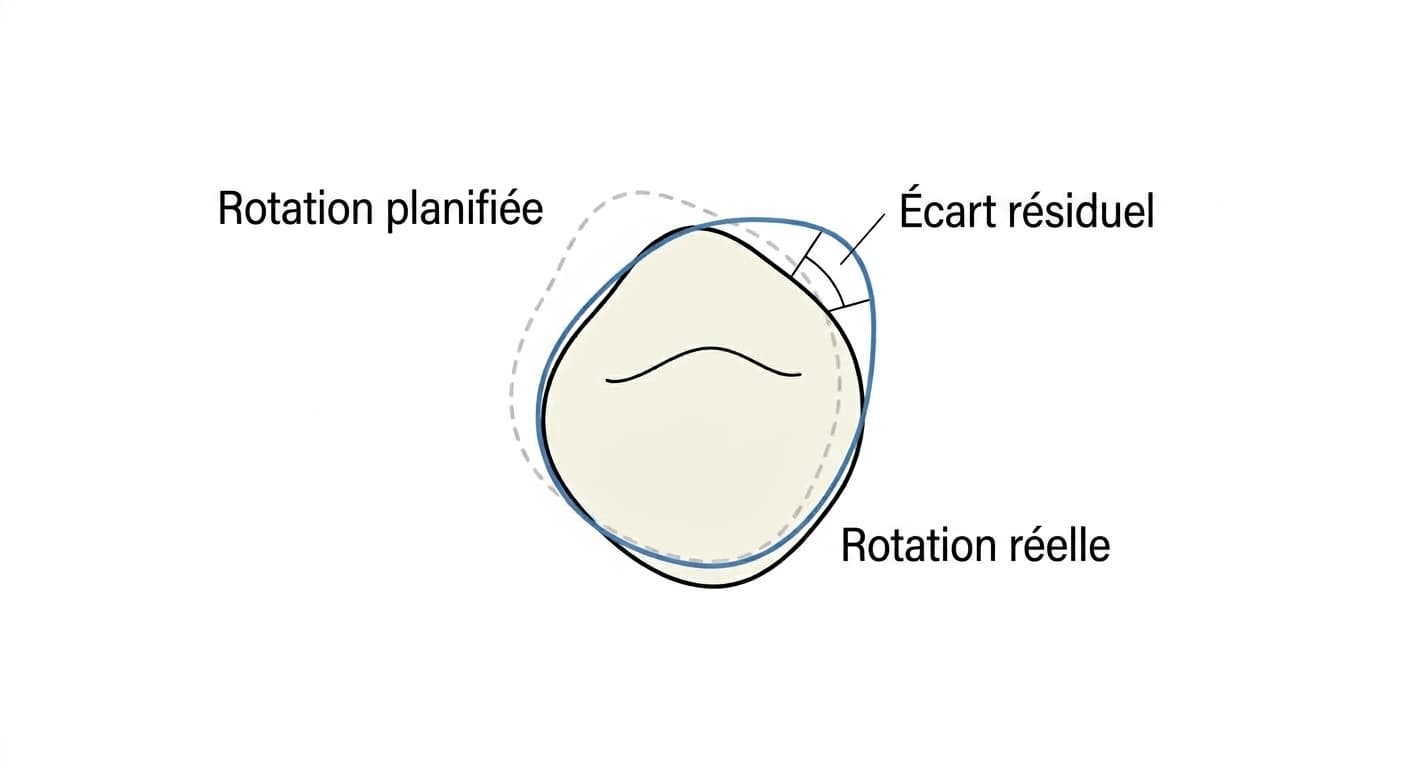 Schéma de la surface d'une dent montrant l'amplitude de rotation planifiée, l'amplitude réellement obtenue, et l'écart restant entre les deux