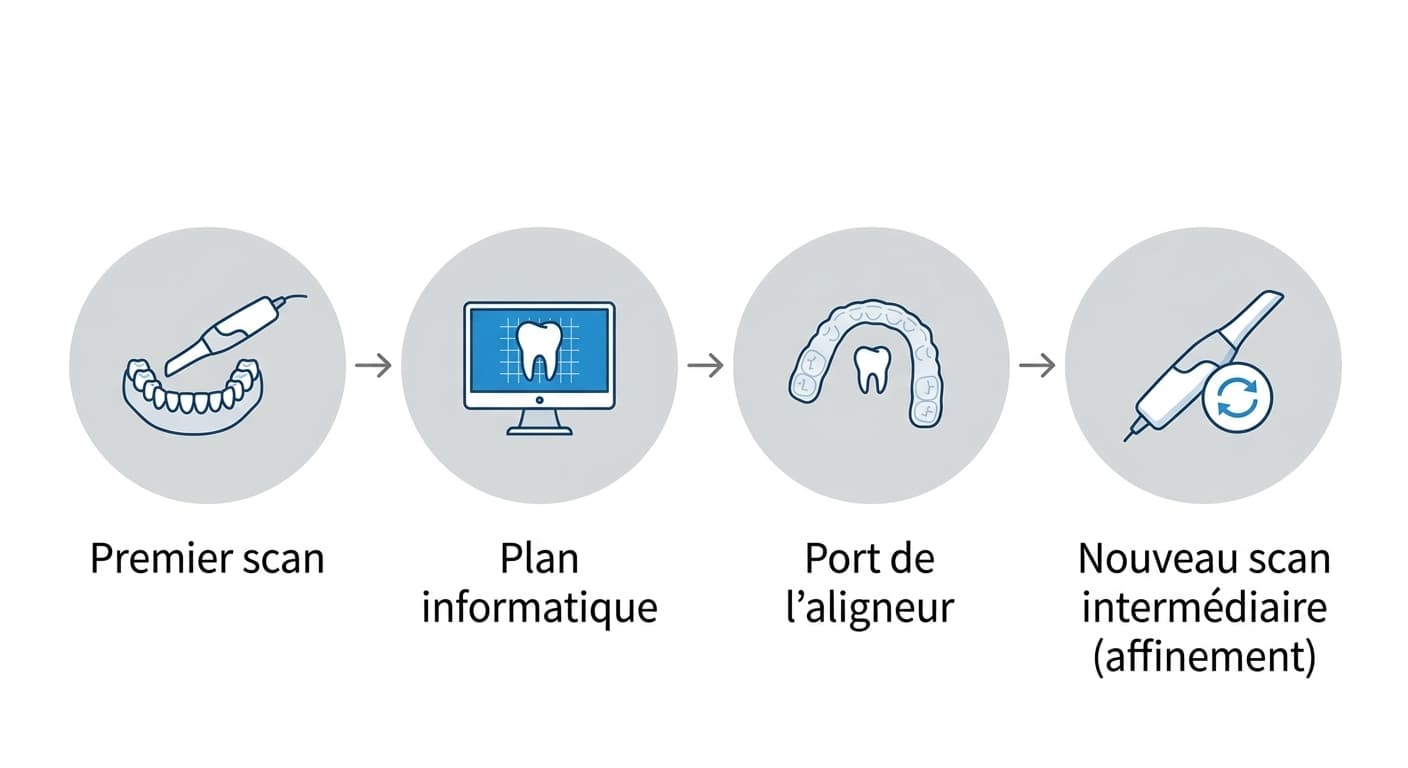 Organigramme du processus de traitement : scan, plan informatique, port de l'aligneur, puis nouveau scan intermédiaire (affinement)