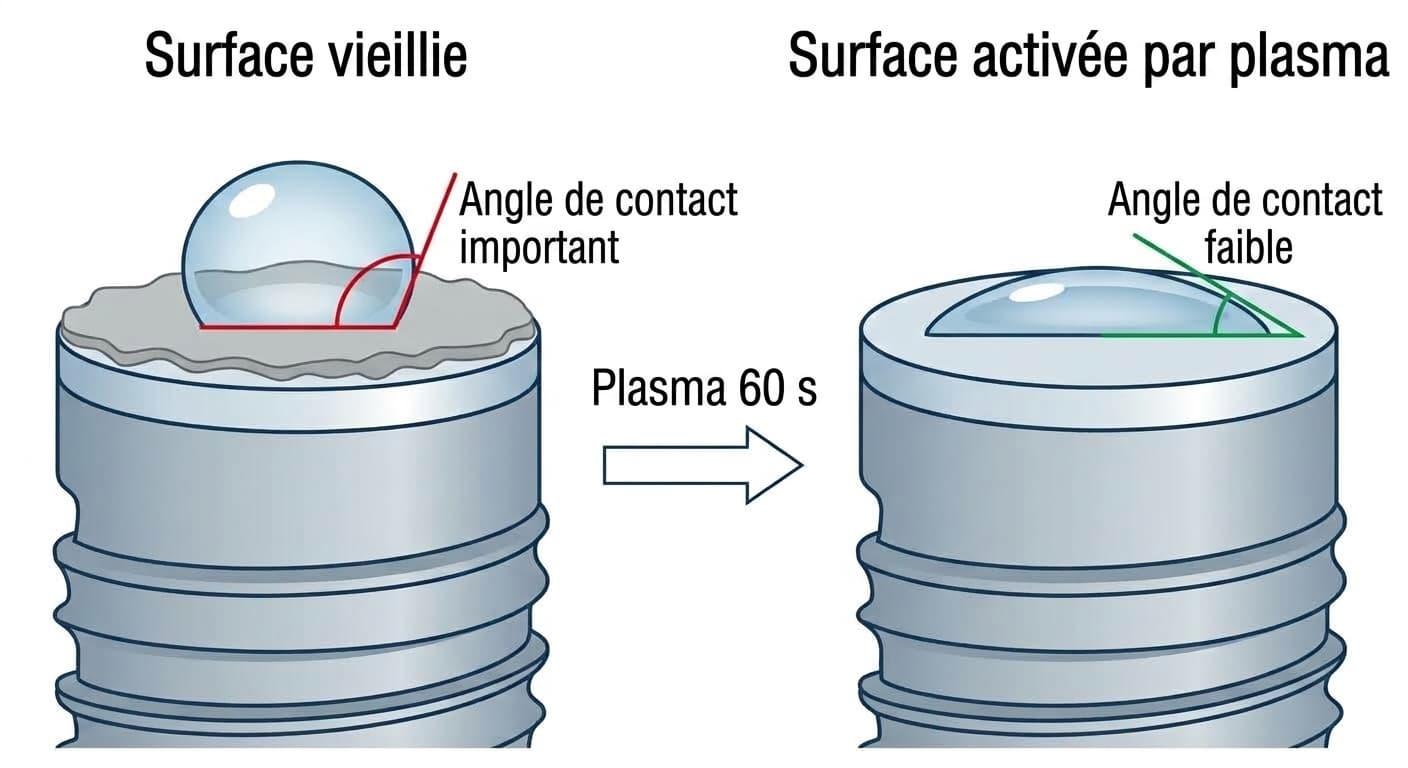 Illustration montrant que l'angle de la goutte d'eau diminue fortement après 60 secondes d'exposition de la surface de l'implant au plasma froid. À gauche, la surface vieillie où les hydrocarbures accumulés forment une goutte arrondie ; à droite, la surface après traitement au plasma où la goutte s'étale largement.