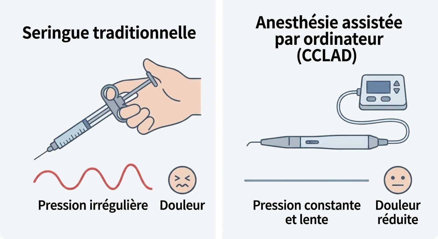 Illustration comparative montrant que la seringue traditionnelle, actionnée à la main, génère une pression irrégulière et une douleur plus forte, tandis que l'appareil d'anesthésie assistée par ordinateur, avec une pression constante et lente, provoque moins de douleur