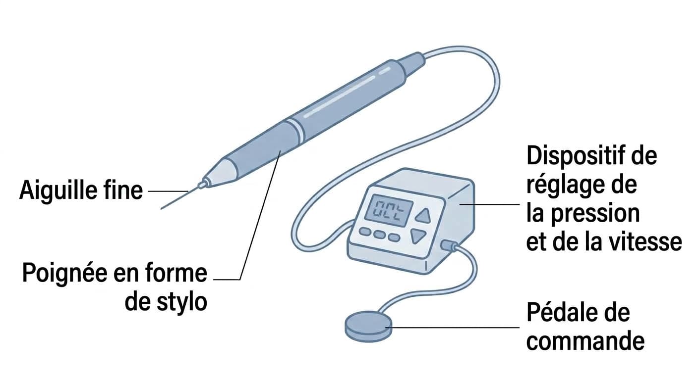 Illustration montrant la composition d'un appareil d'anesthésie assistée par ordinateur : une poignée en forme de stylo, une aiguille fine, un dispositif de réglage de la pression et de la vitesse, et une pédale de commande
